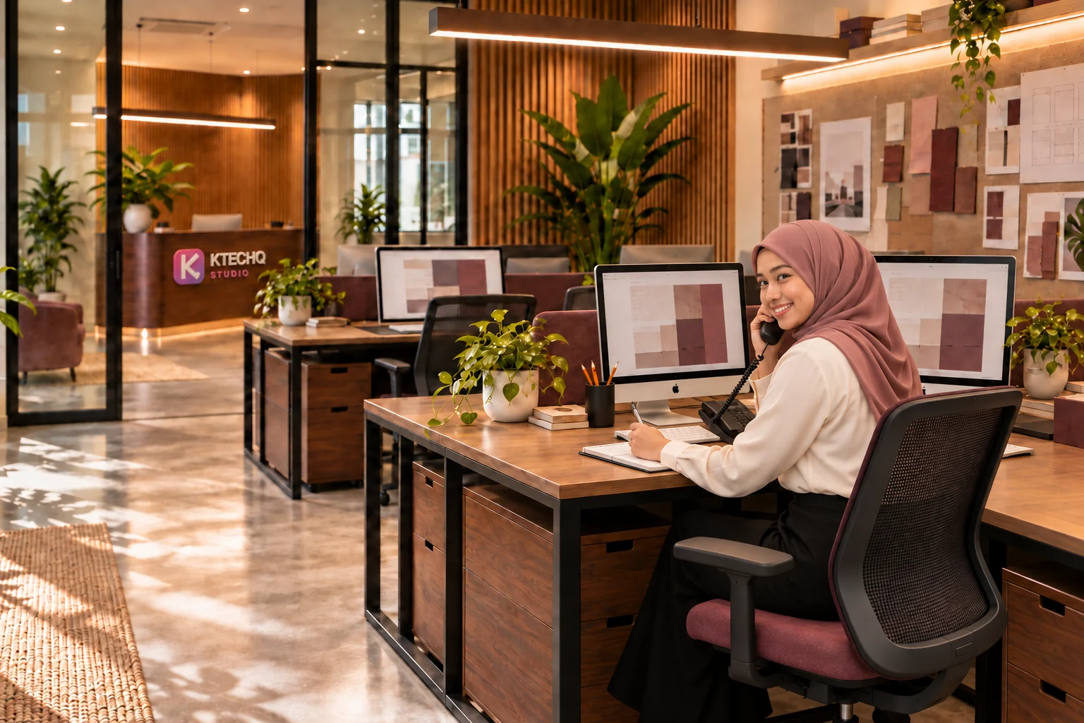 Malay customer service representative on the phone with the KTECHQ Studio logo on the reception counter