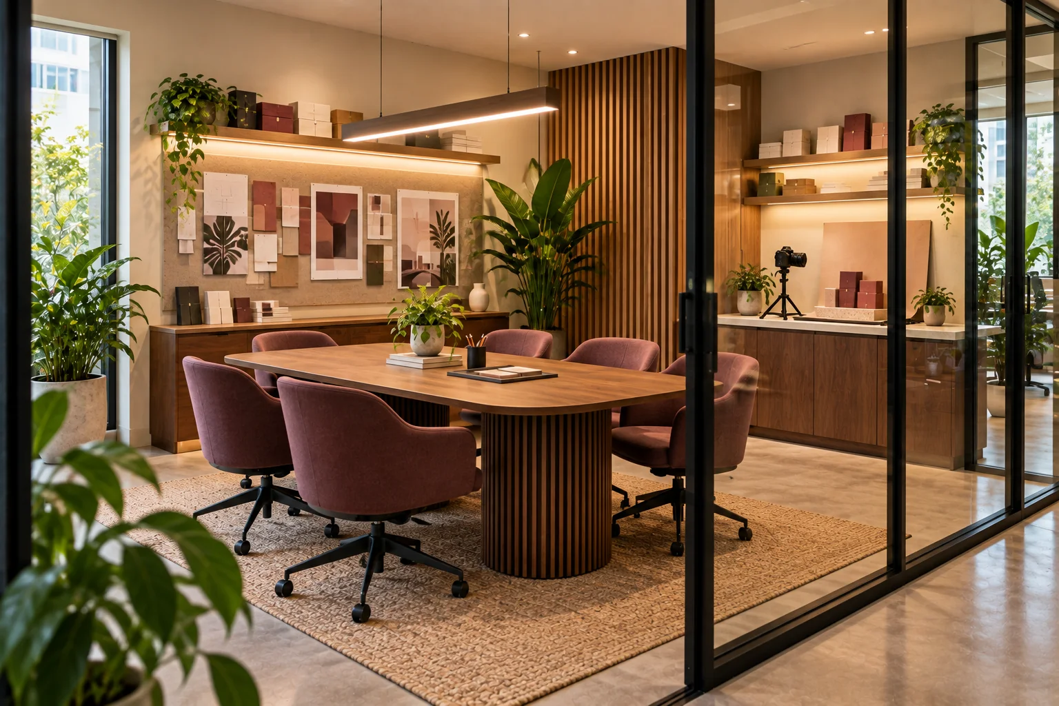 Meeting room with material samples and a product photography counter