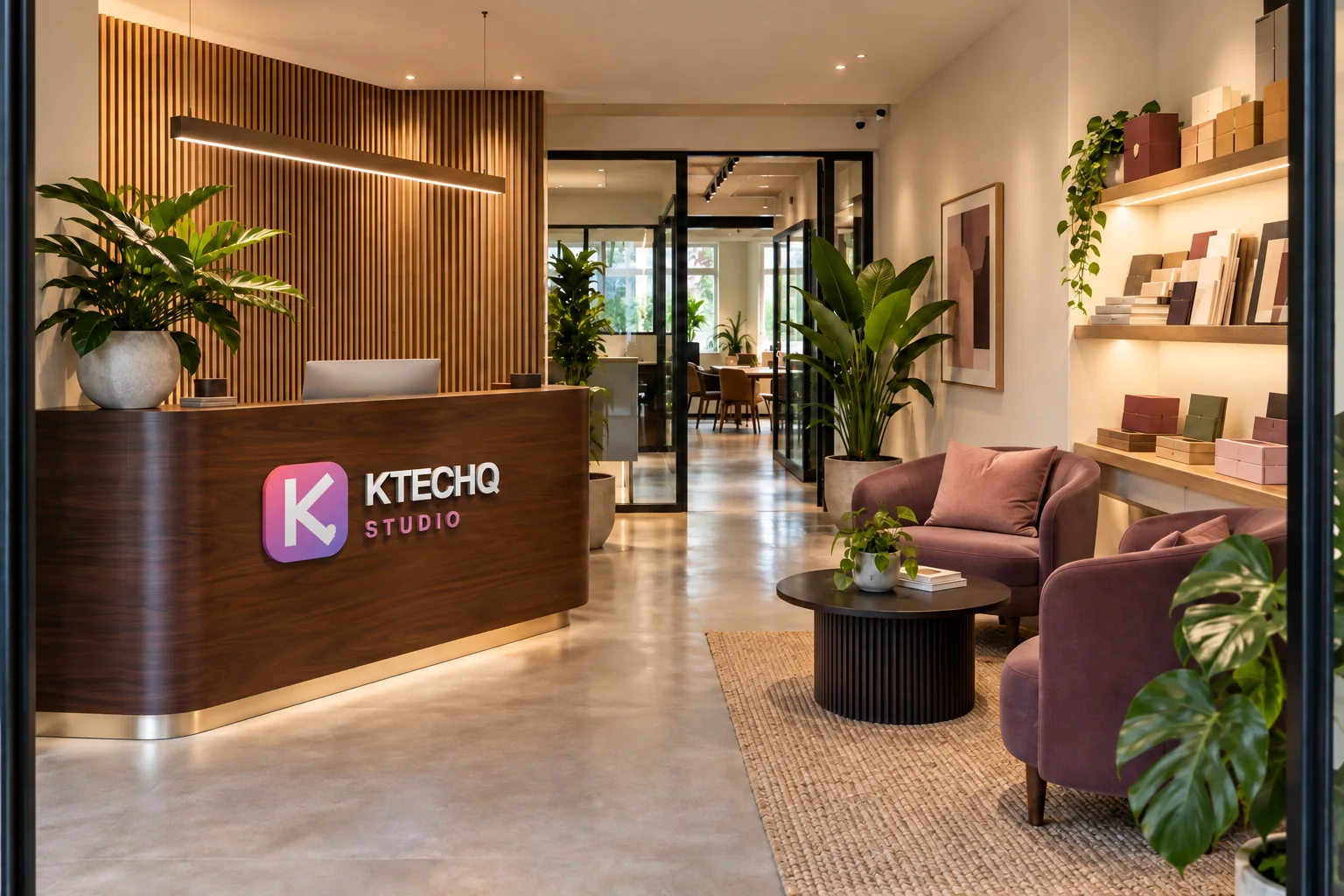 KTECHQ Studio logo on a walnut reception counter beside mauve seating